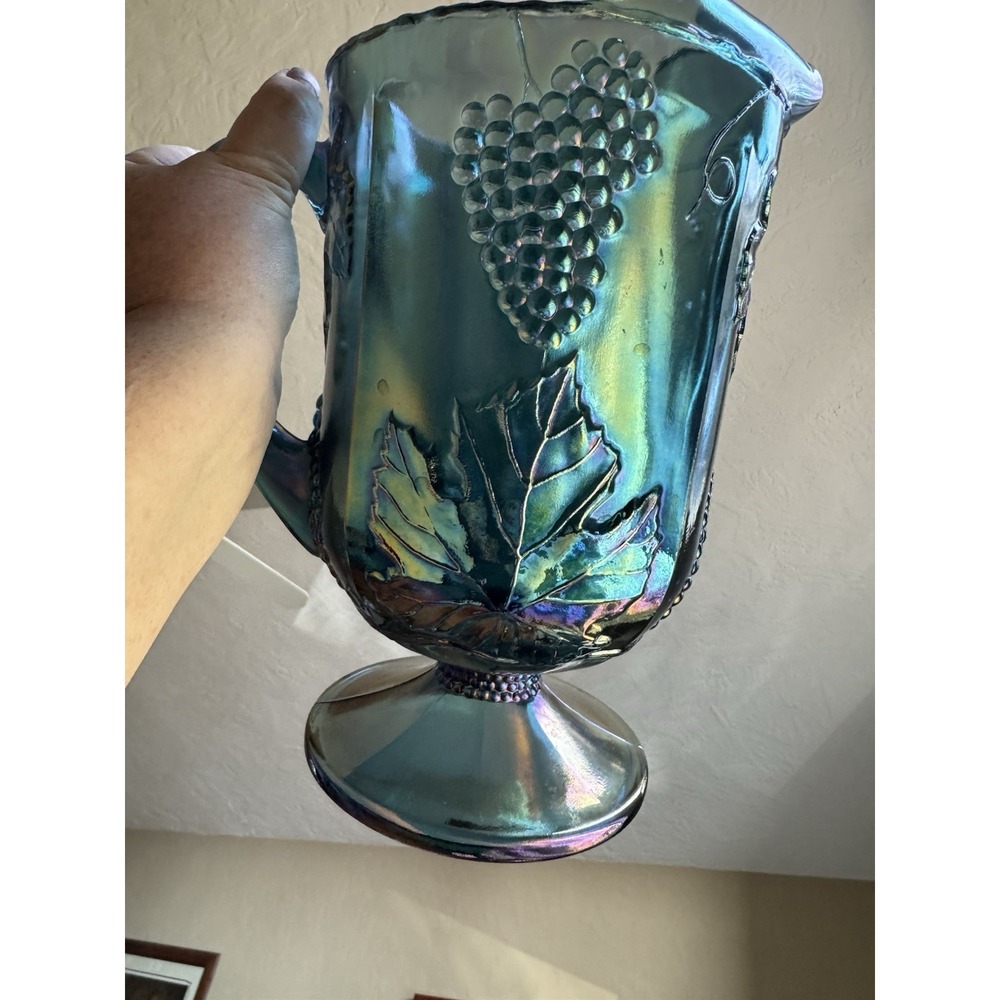 Vintage Indiana Glass Blue Carnival Harvest‎ Grape Water Pitcher Iridescent MCM